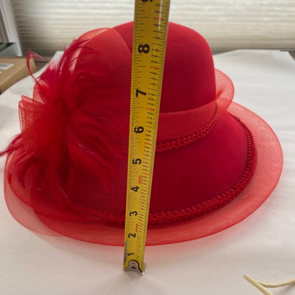 Vintage Red Wool Floral Feather‎ Tulle Derby Tea Party Hat main image 6